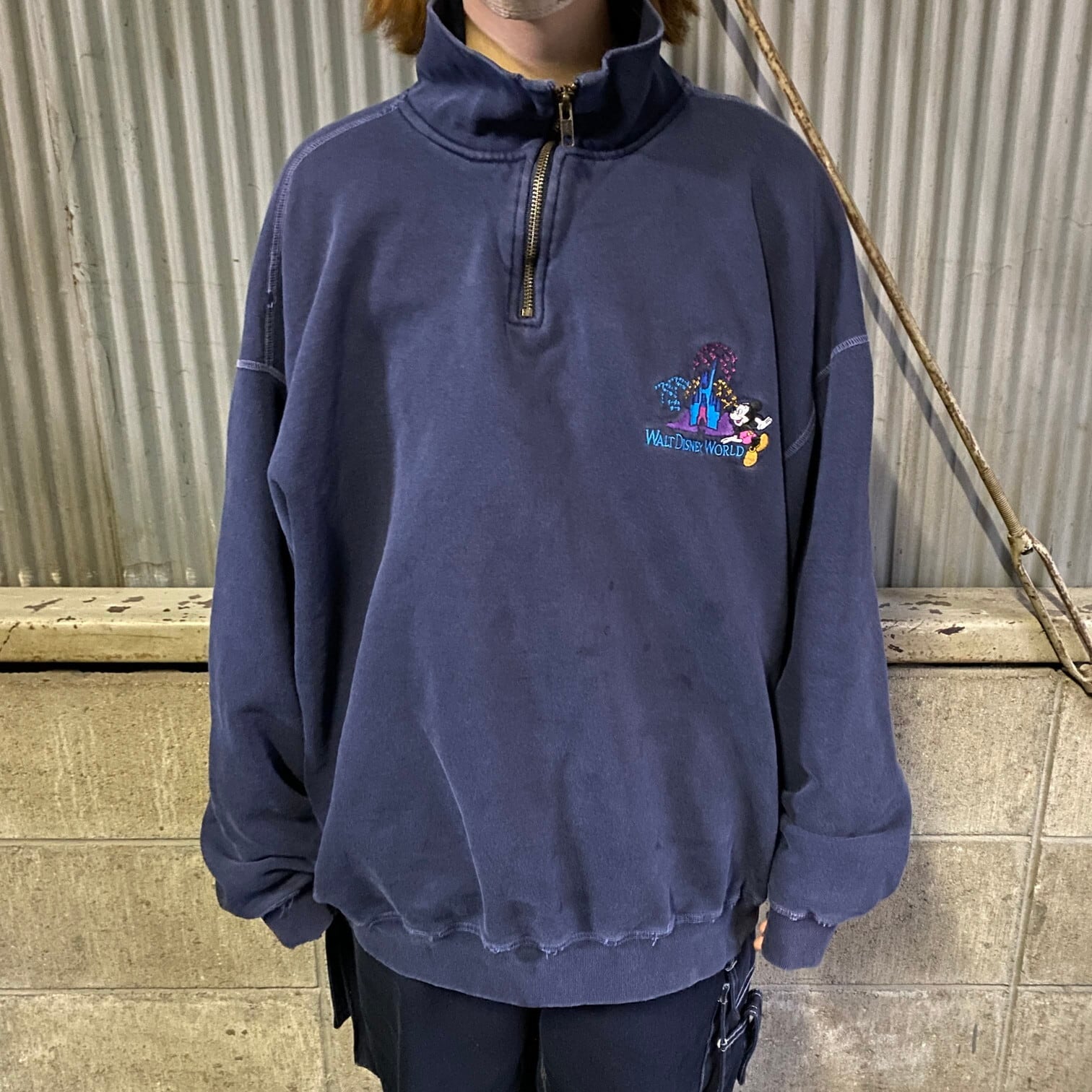 上品な Disney スウェット ハーフジップ ミッキー ネイビー 刺繍 90s