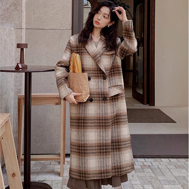 コート レディース アウター ロングコート ウール チェック柄 秋冬 フェミニン おしゃれ かわいい デート お出かけ こなれ感 ブラウン S/M/L/XL