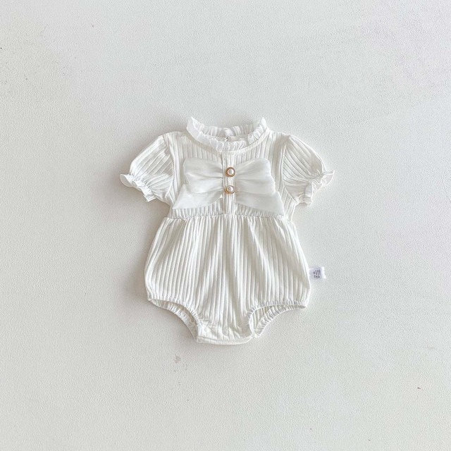 【BABY】大きなリボン付フリル襟パフスリーブ半袖リブロンパース - 20