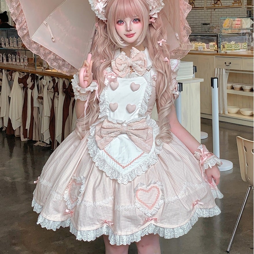 d*3様 Cornet ピンクリボンレースフリル　ハートエプロン付きワンピース メイドロリータ ワンピース ハートエプロン付き レースフリル 撮影会