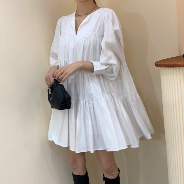 ワンピース レディース ミニワンピ ミニ丈 膝上丈 プリーツ フレア Aライン 長袖 Vネック カジュアル おしゃれ シンプル ホワイト/ブラック/カーキ