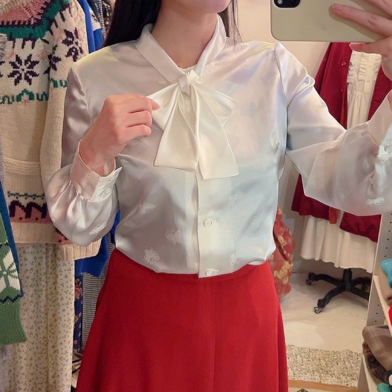 butterfly ribbon white blouse