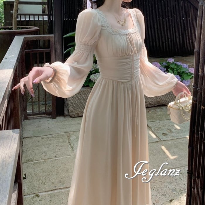 3色 きれいめ ワンピース ボリューム袖 ウエストマーク Aライン 肌透け(M4645)γα