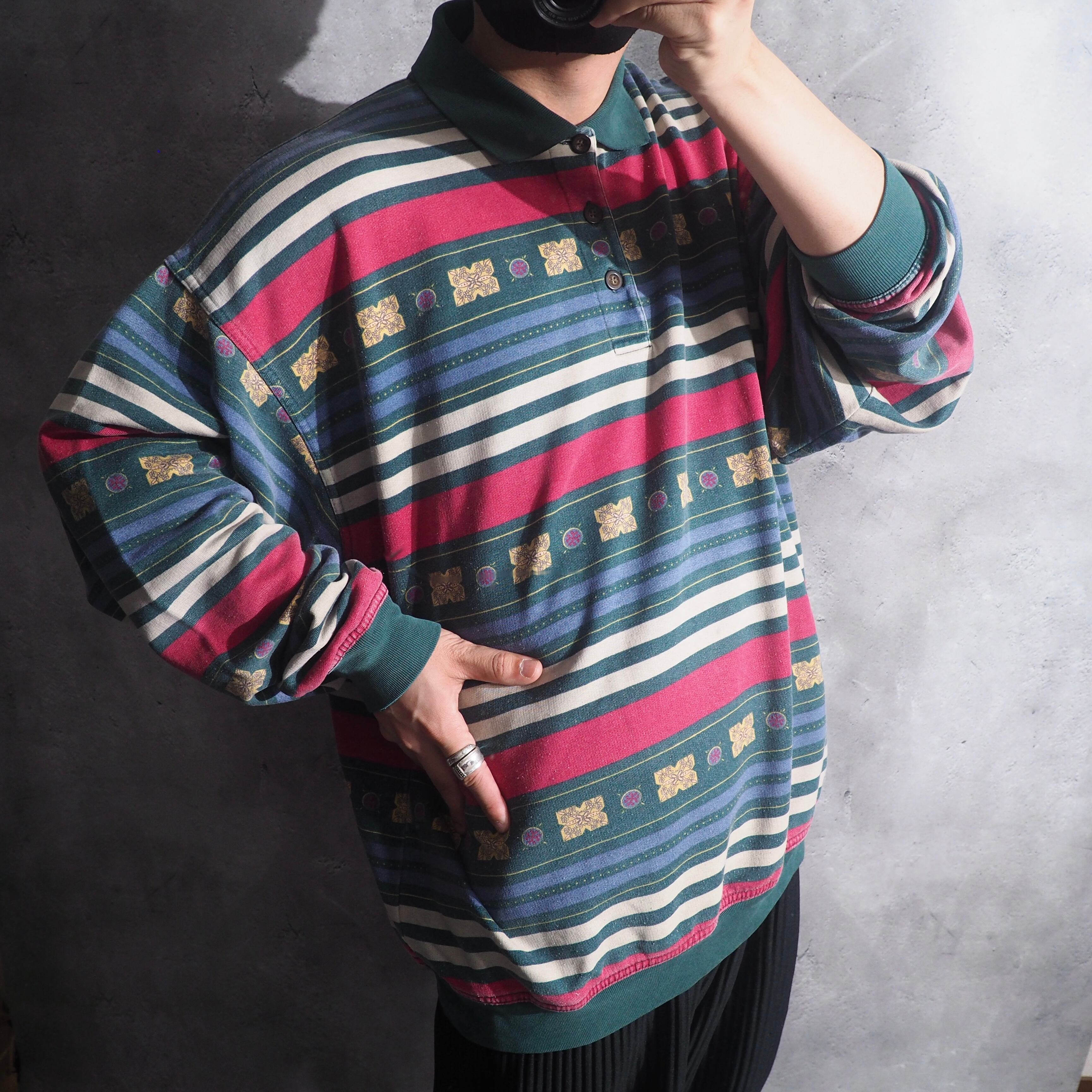 Multi color Border × Ethnic pattern Design vintage loose Pull over shirt
