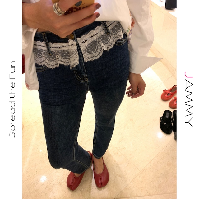 lace waist slim straight denim pants J00163