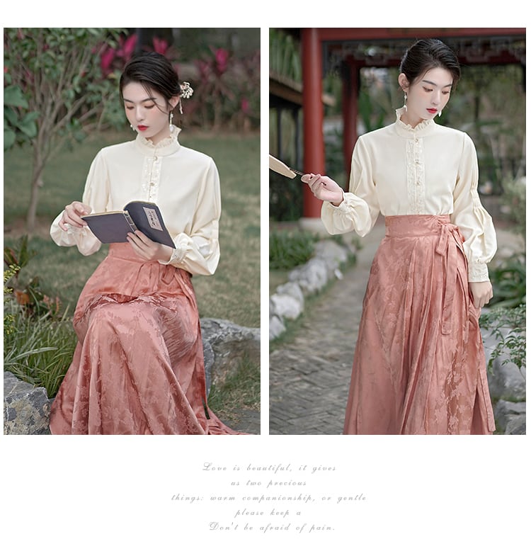 チャイナ風ブラウス+スカート 二点セット 刺繍 長袖 改良型漢服