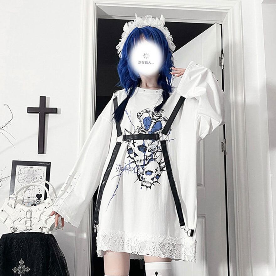 パンク 推し活 ライブ 長袖 Tシャツ スカル プリント Y2Kファッション