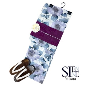 浴衣ジェンヌ 浴衣5点セット 白地 紫 ひまわり 向日葵 綿 ゆかた 半幅帯 浴衣