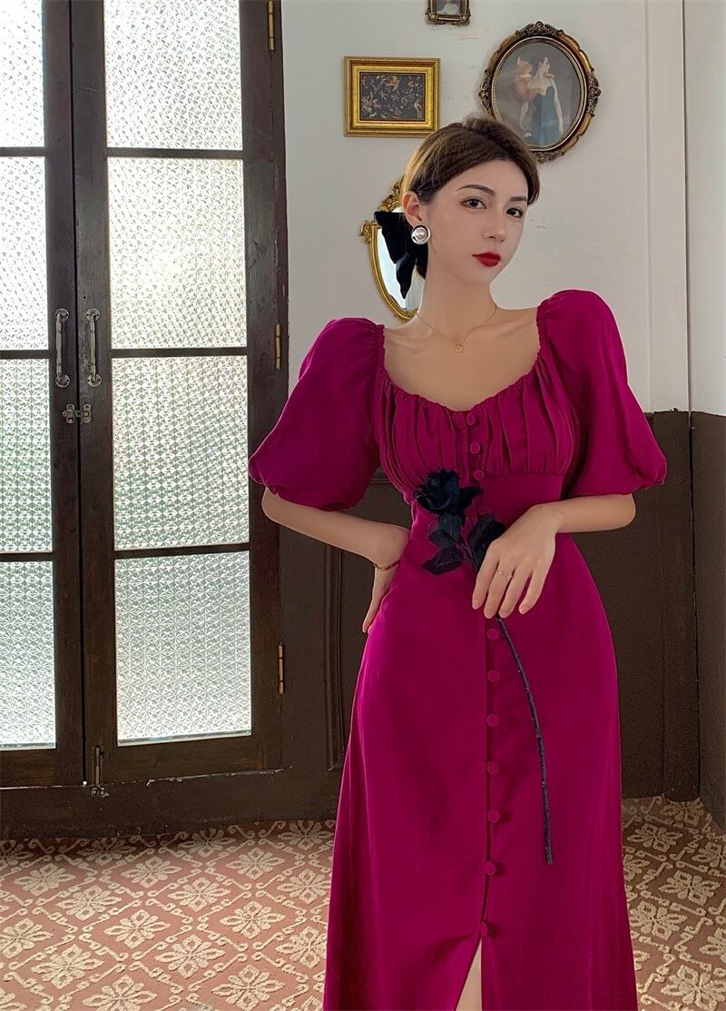 ドレス スリーブスタイル半袖サマーカラーレッドスカート ショート レース ハーフスリーブ 夏物 スクウェア ブラックストロベリース17729016670