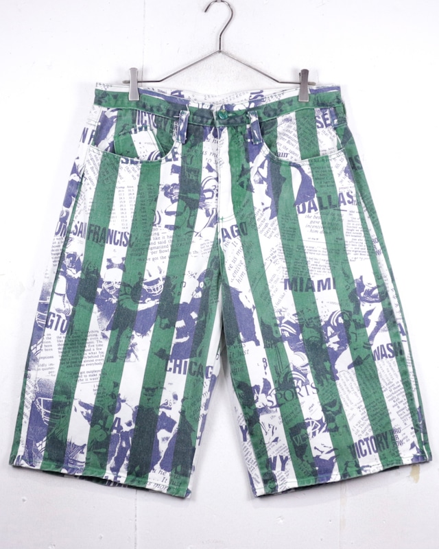 【Caka act2】News Paper Design Vintage Stripe Denim Shorts