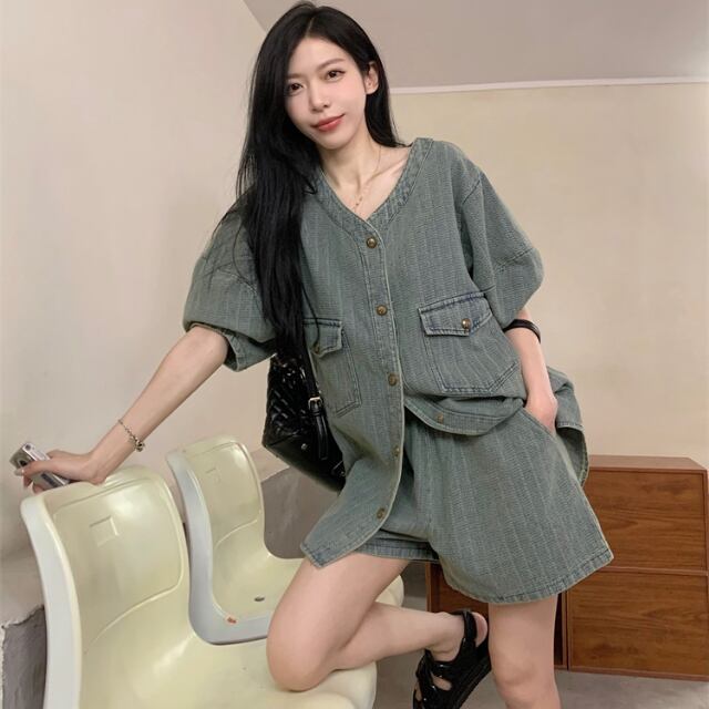 【予約販売】セットアップ レディース ショート デニム パンツ 半袖 ストライプ柄 ツーピース こなれ感 大人可愛い きれいめ 楽ちん エレガント おしゃれ 旅行 韓国 春 夏 秋 トレンド フリー