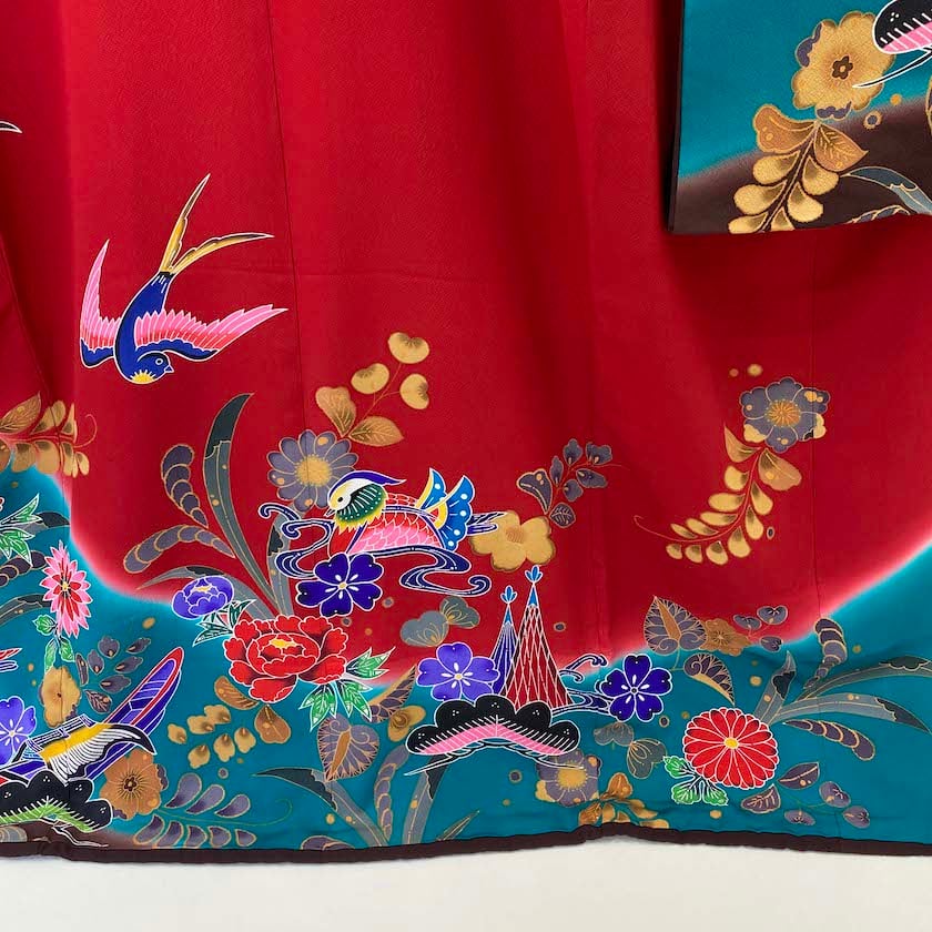 本振袖 正絹 赤 紅型 結婚式 比翼仕立て 古典 裄63.5cm 身丈176cm 美品 