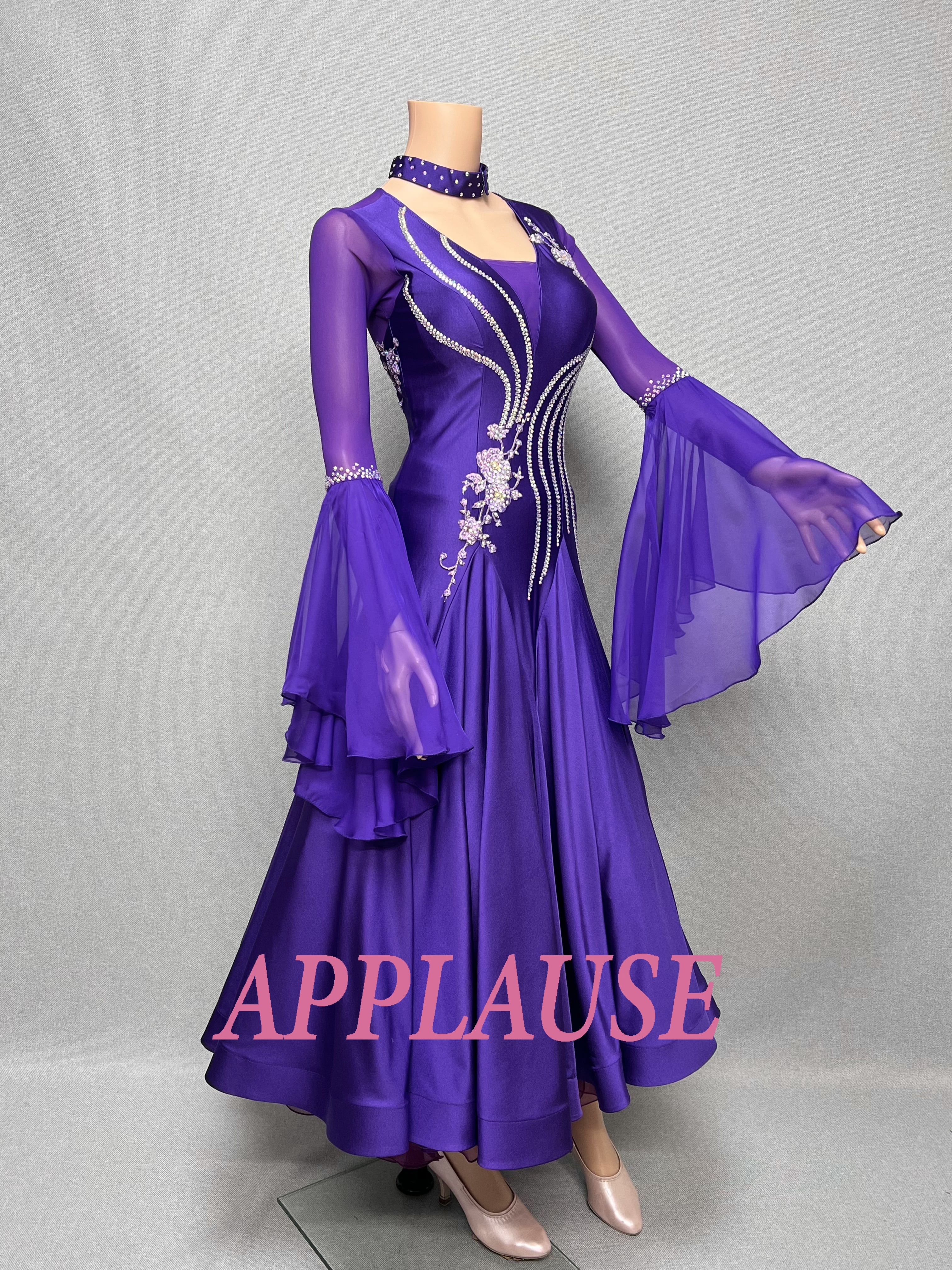 【新着】パーティードレス　社交ダンス ドレス　スタンダード　モダンドレス　パープル（ベルスリーブ）M　ST-25-22　デモ・競技用ドレス　発表会衣装　パーティドレス　ワンピース　舞台衣装