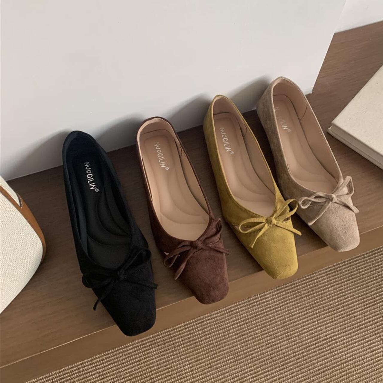 スクエアトゥリボンフラットシューズ a0567