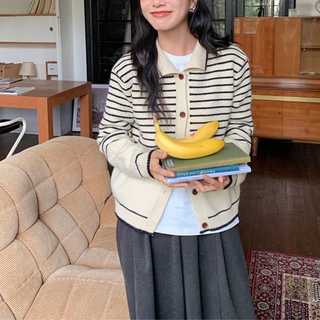 polo collar knit cardigan　J00180