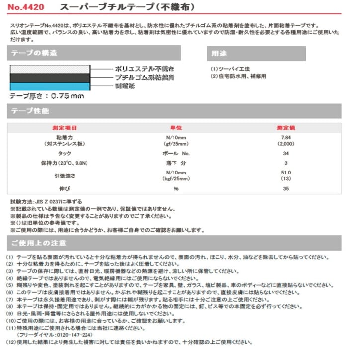 スリオンテック ブチルテープ NO.4420 幅100mm 20m巻 8巻箱 1690円巻