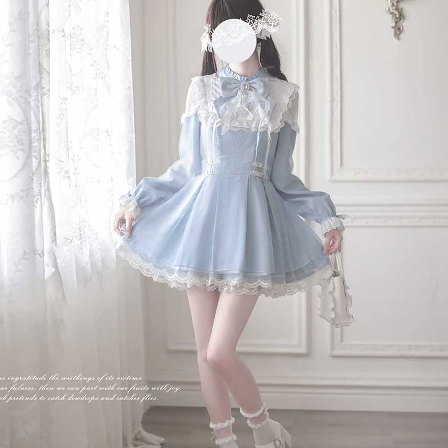 量産型 ゆめかわ ワンピース 水色 フリル レース ミニワンピース 長袖