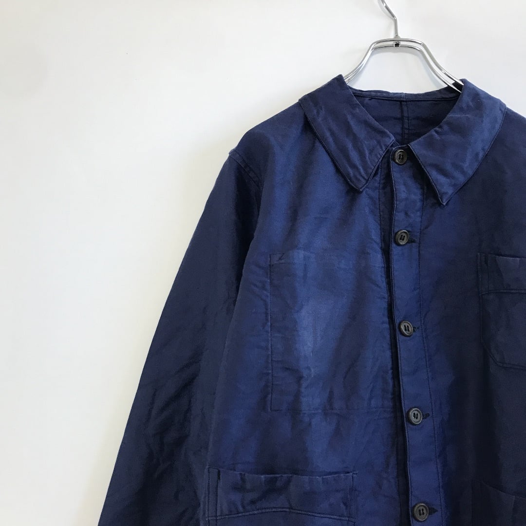 VINTAGE / ヴィンテージ | 推定1930s～ French Work Jacket フレンチワーク ウッドボタン モールスキン カバーオール ジャケット | ー | ブルー | メンズ