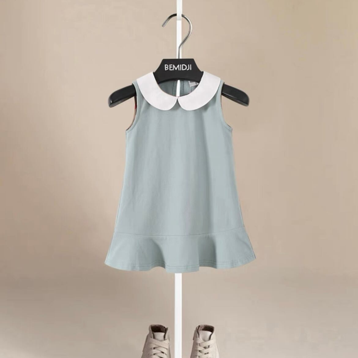 【80-120cm】全2色丸襟ノースリーブシンプルワンピース