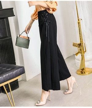 【送料無料】ブラック ワイドパンツ ボトムス サイドリボン 上品 スラックス 韓国ファッション◎(DM0127)