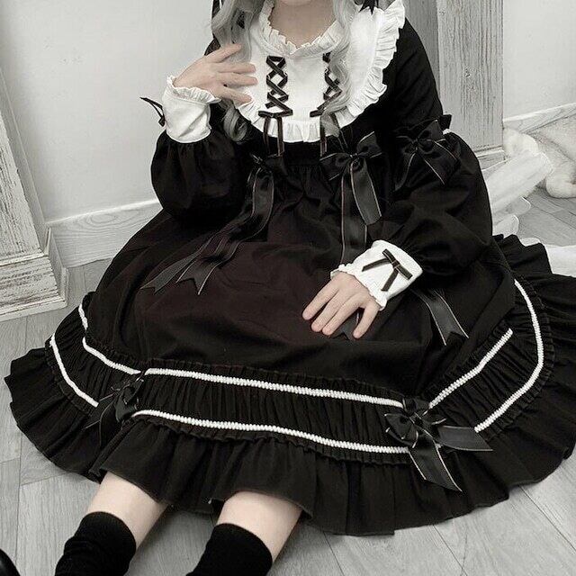 ゴスロリ レトロ ロリータ ワンピ 編み上げ フリル 病み可愛い 大きめ