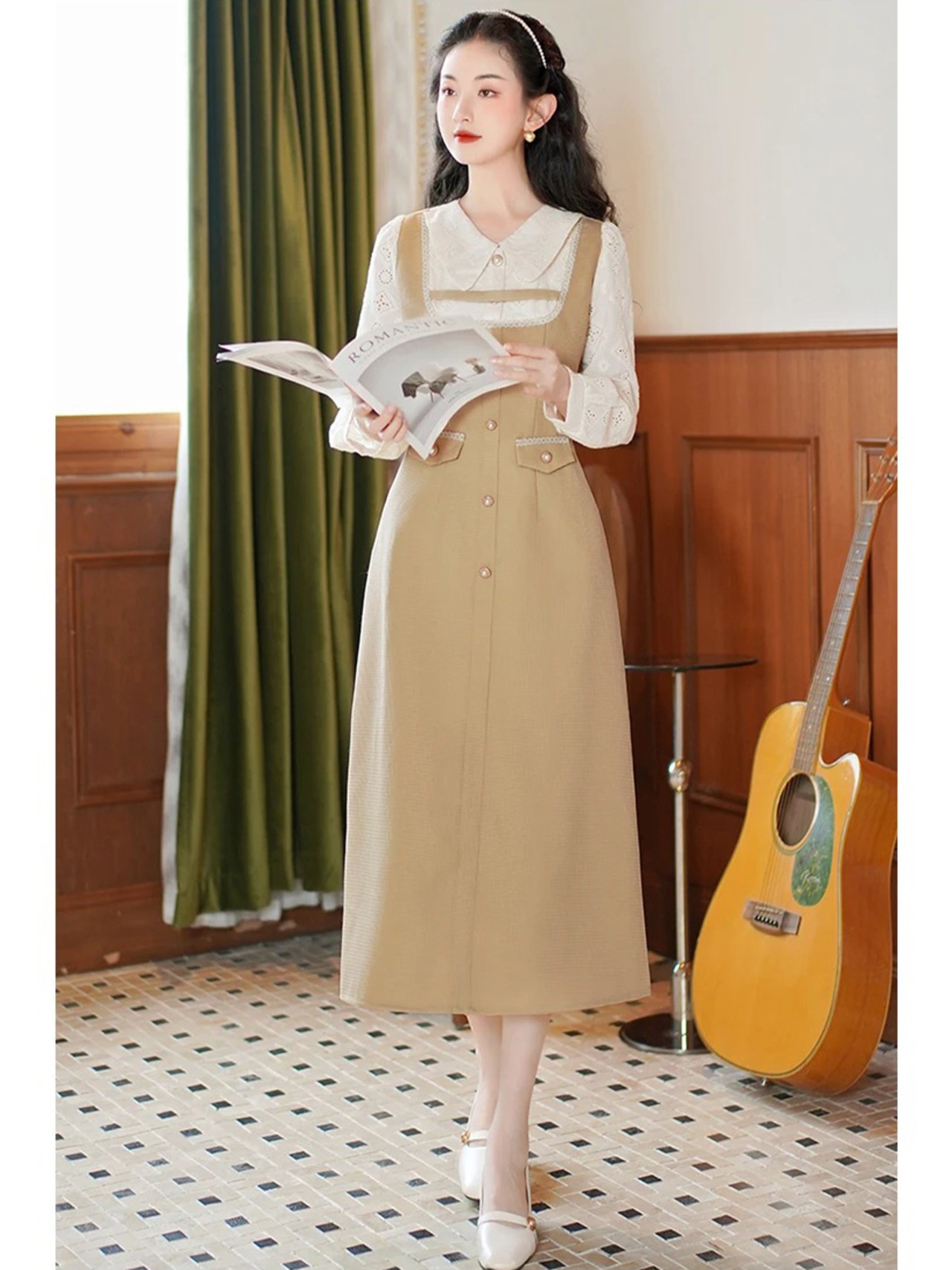 【0163】Fake Layered Jumper Skirt Long Sleeve Dress