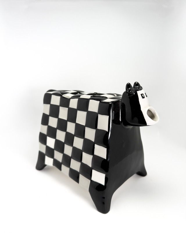 ヴィンテージ雑貨 セラミック チェッカーフラッグ 牛型ティーポット