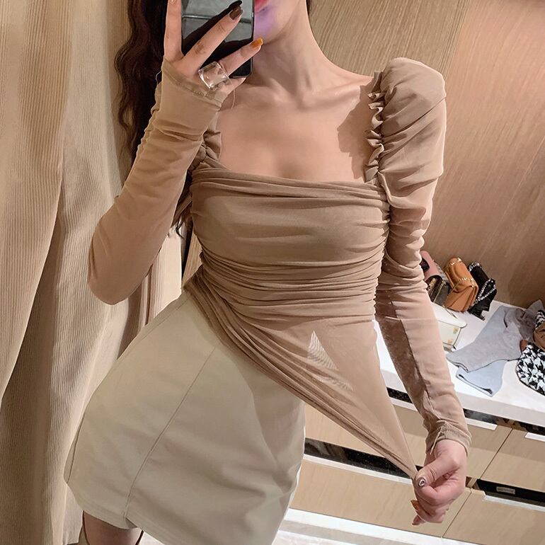 セクシー ガーリー 萌え袖 フリル タイト シャツ トップス レディース 