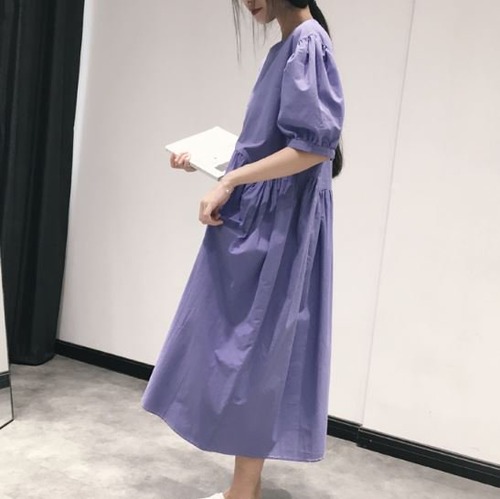 ロングワンピース レディース ラウンドネック 無地 パープル 紫 ハイウエスト レトロ ロングスカート 膝下 半袖 フリーサイズ ルーズ パフスリーブ カジュアル 10代 20代 シンプル