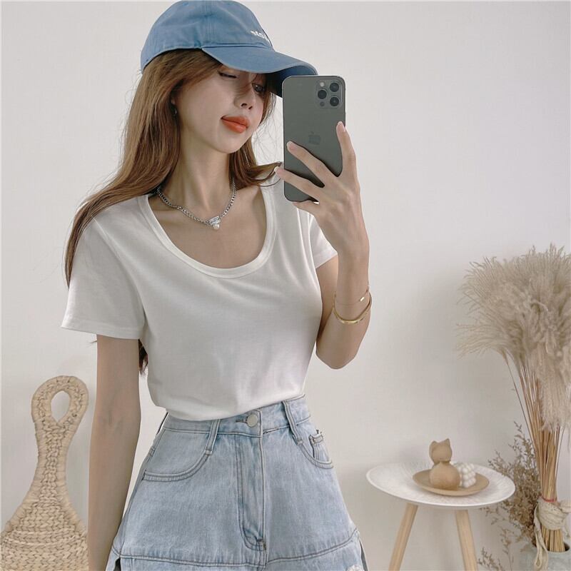 ラウンドネックホワイトTシャツ シャツ サマールーズ薄手ベーシックトップス 夏物 Oネック ガールズファッション5309288679