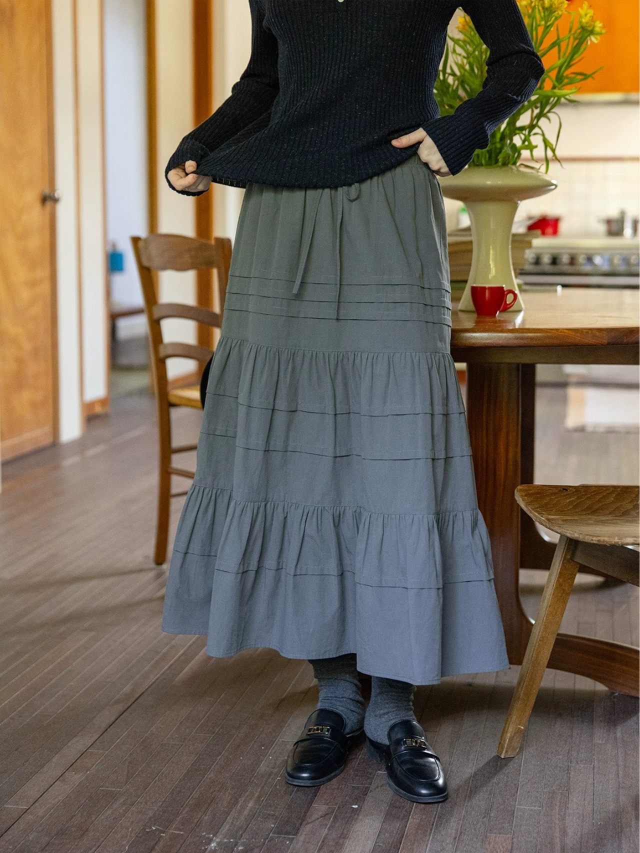 Délavé Gris Cotton Tiered Skirt F0820