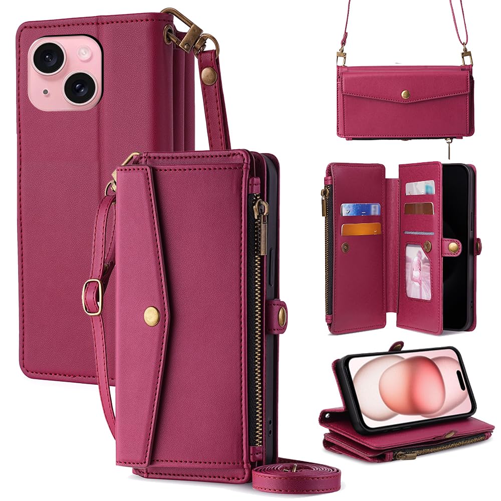 Cacheluna 手帳型ケース ショルダーケース for iphone 手帳型 ショルダーケース レザー for iPhone 15 斜め掛けと手持ちー スマートフォンケース 財布型 対応 アイフォン 肌触り良い 便利