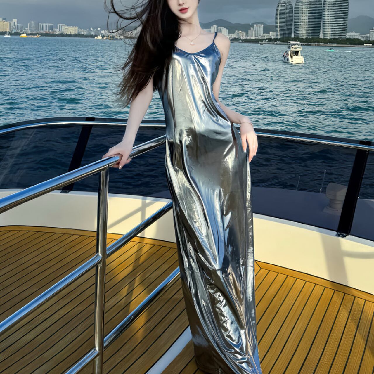 Silver metallic glossy suspender dress S1971