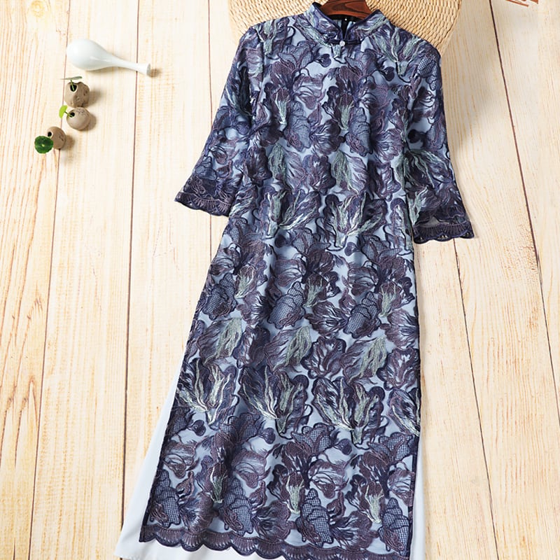 チャイナ風ワンピース チャイナ風服 チャイナボタン チャイナドレス ワンピース 五分袖 Vネック ロング丈 女子会 同窓会 大きいサイズ S M L Ll 3l 刺繍入り 高級品 ネイビー アオザイ Elegant