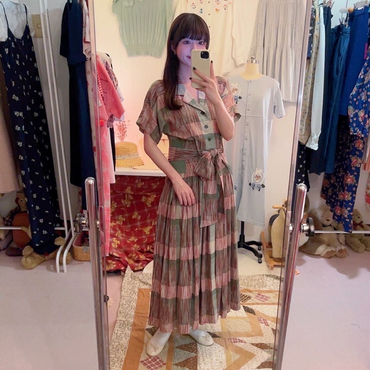 green check open collar one-piece