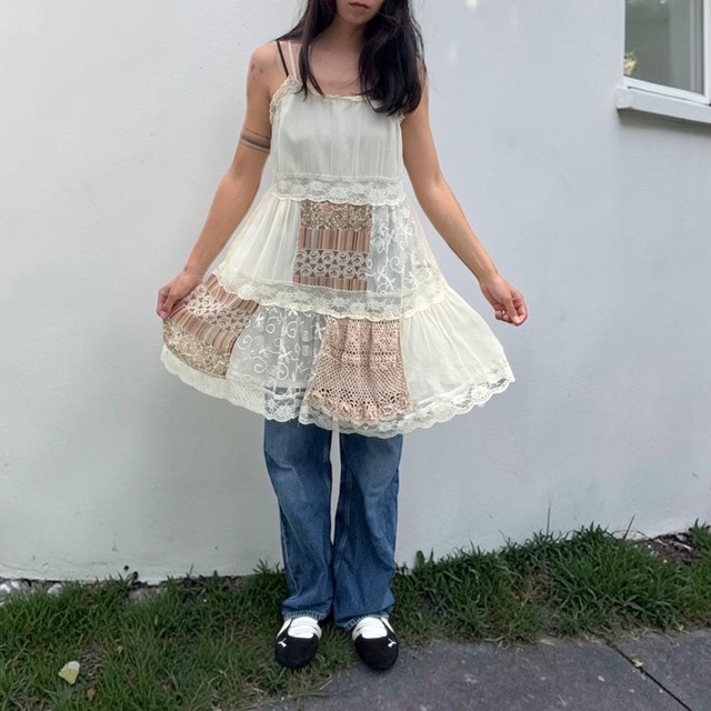 【LADIES】Patchwork Lace Cami Tunic - Free Size