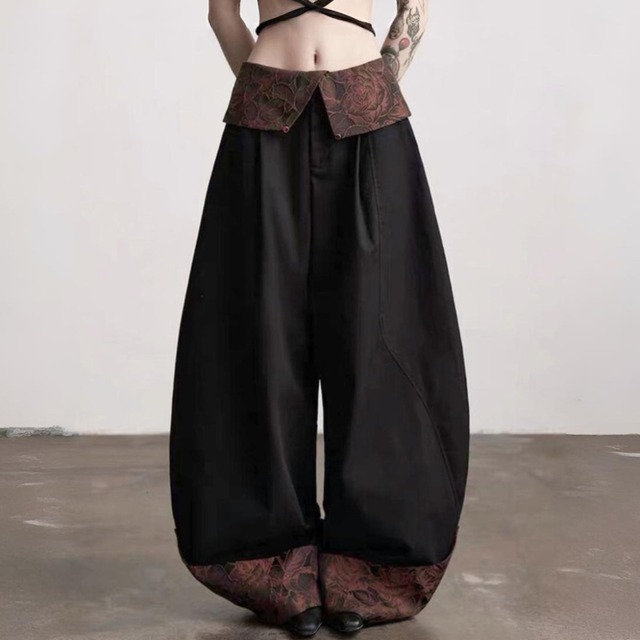 Rose pattern foldover pants C1234