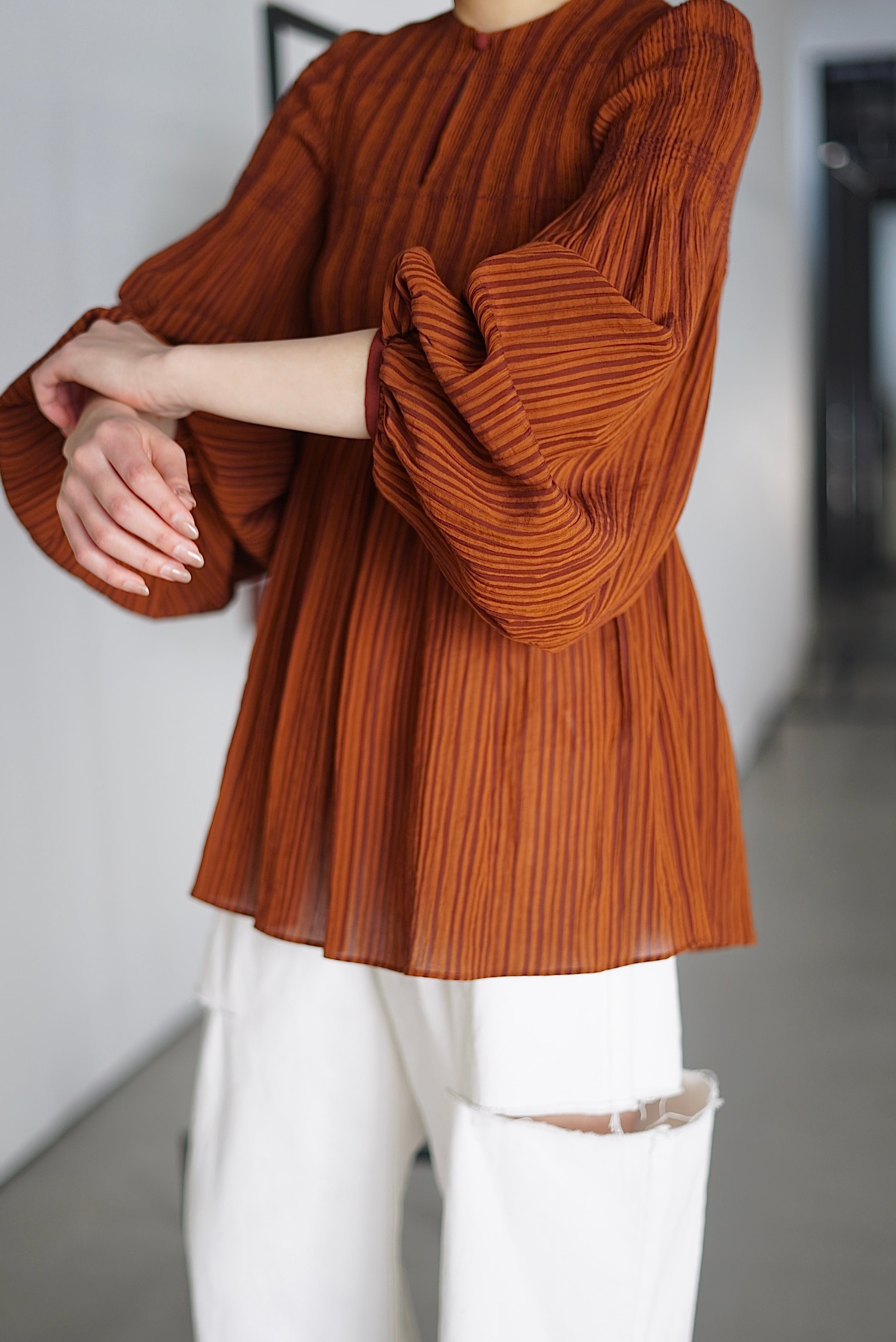 Mame Kurogouchi / Stripe Shirring Jacquard Puff Sleeve Top  BROWN