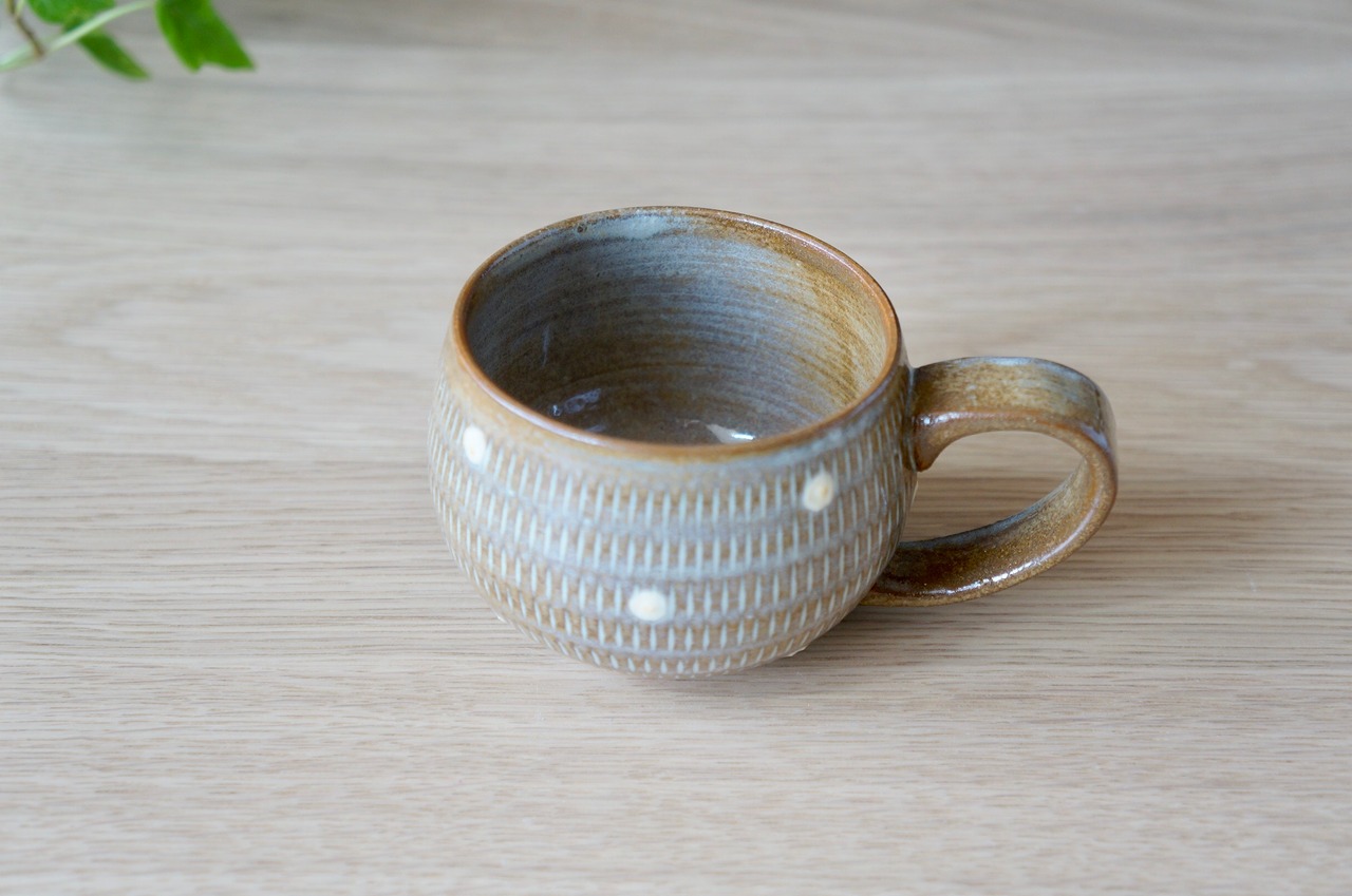 小石原焼 翁明窯元 丸マグカップ ドット・マット【37-471】