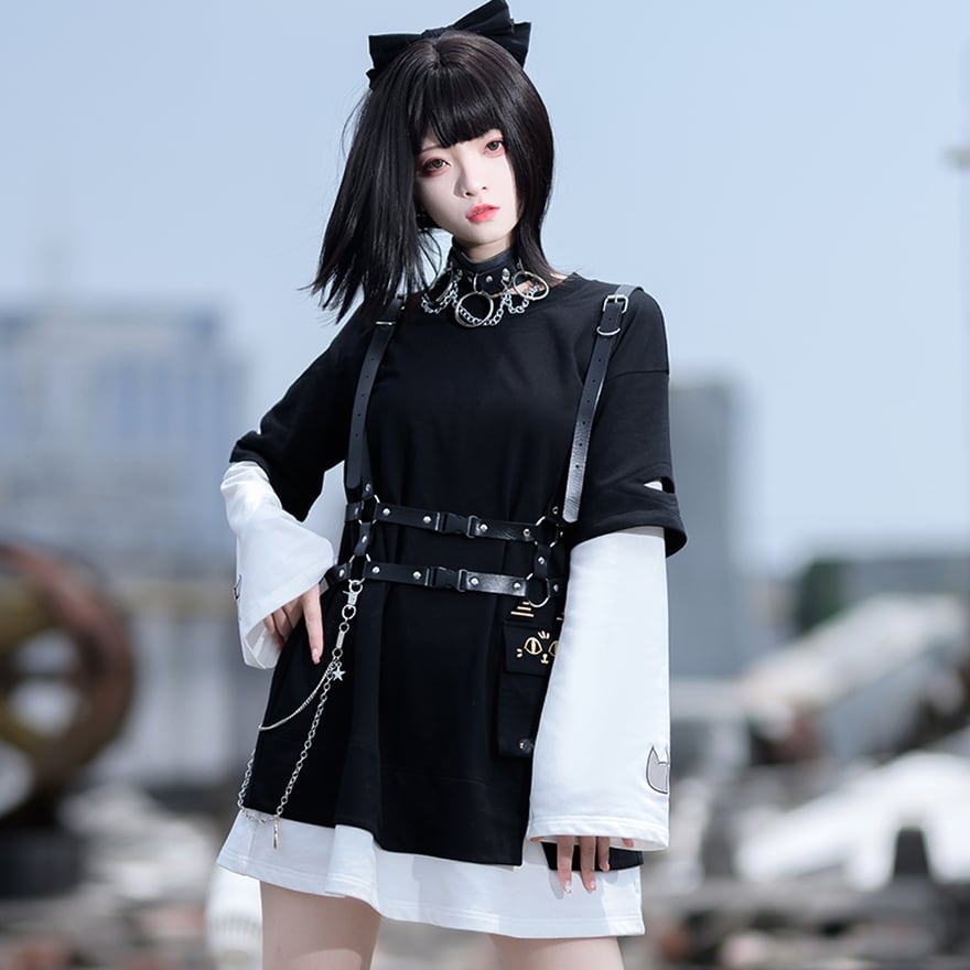 サブカル 服 地雷系 通販 フェイクツーピース シャツワンピ バルーン