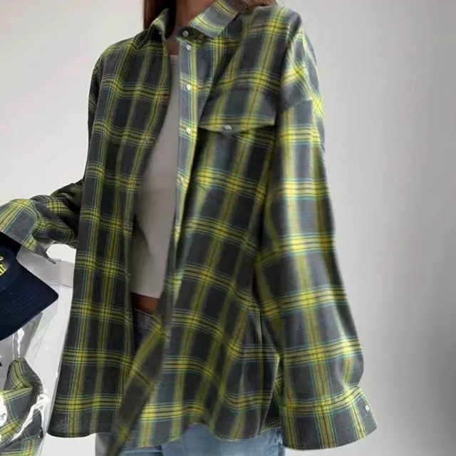 Lapel Loose Plaid Long sleeve Shirt 125050