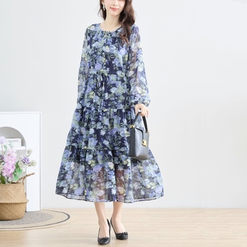 TRUBE フェミニン花柄 ロングワンピース N82-167 fmsd ネイビー レディース 長袖 デイリーファッション 大人フェミニン 大人可愛い 普段着 ミセス おしゃれ着 30代 40代 50代 60代