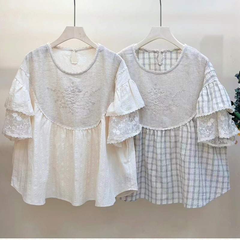 レース二層スリーブ刺繍リネンシャツ W0587