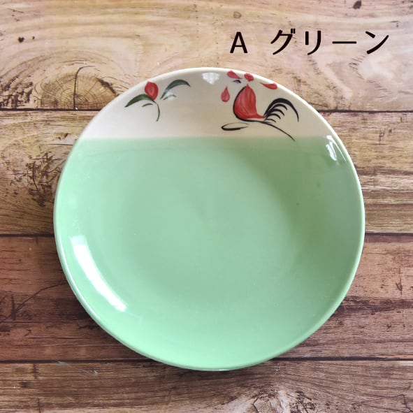 タイ ランパーン陶器 ニワトリ柄 ツートンカラー 丸平皿 22cm ①