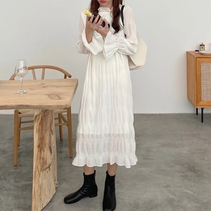 ラウンドネックシックフレアドレス［Black,White,Pink］