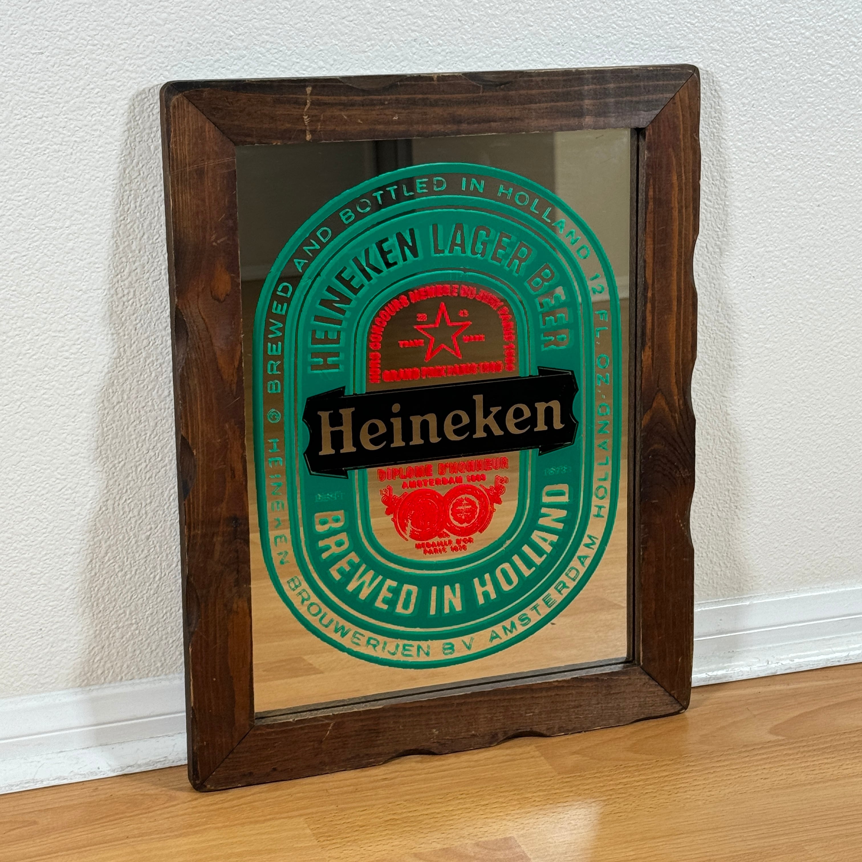 Heineken】パブミラー☆ハイネケン/木枠/ヴィンテージ風/鏡/額ミラー 