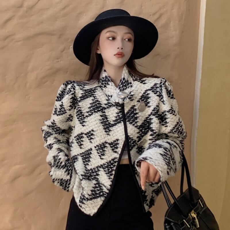 ショートコート オータムウィンタースタイルカラーツィードカーディガントップス コットン 秋物 冬物 YY-ファッション48171553541