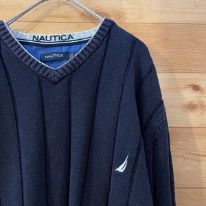 【NAUTICA】ニット セーター Vネック プルオーバー Mサイズ 刺繍ロゴ US古着