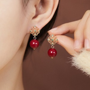 金細工×朱砂8mmピアス　YS00248