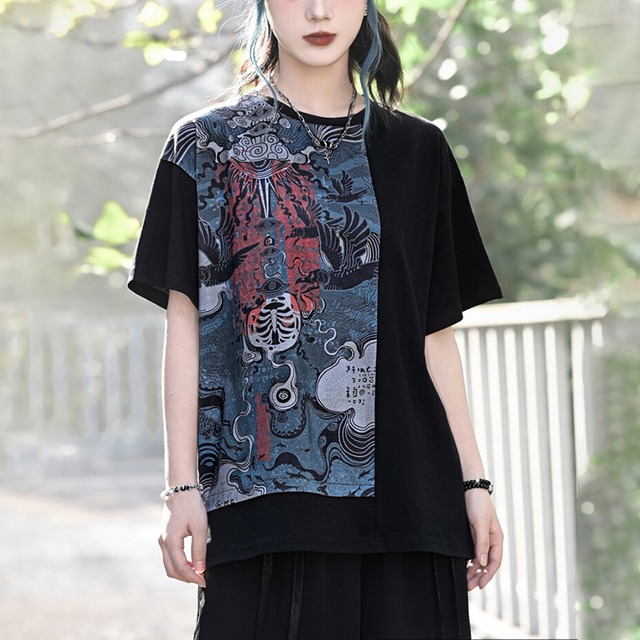 【古怪舍---心之淵シリーズ】★チャイナ風トップス★ Tシャツ 半袖 コットン 切り替え 夏服 ブラック 黒い